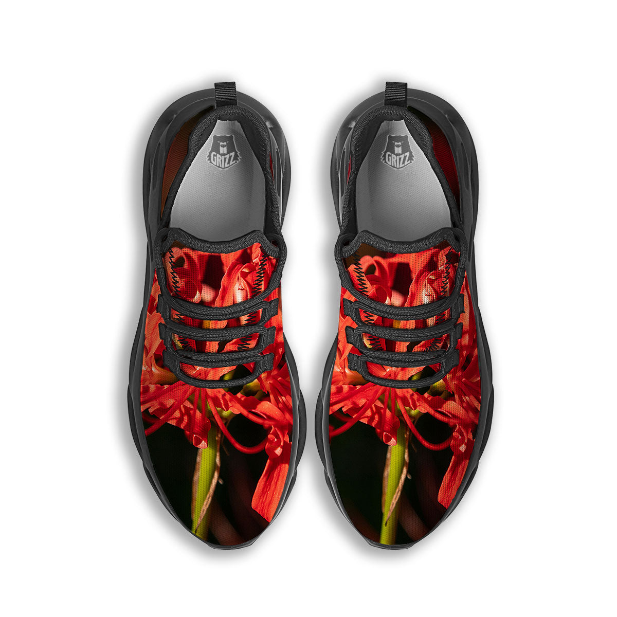 Amaryllis Red Japanese Print Black Running Shoes-grizzshop