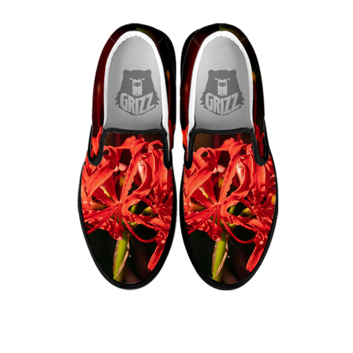 Amaryllis Red Japanese Print Black Slip On Shoes-grizzshop