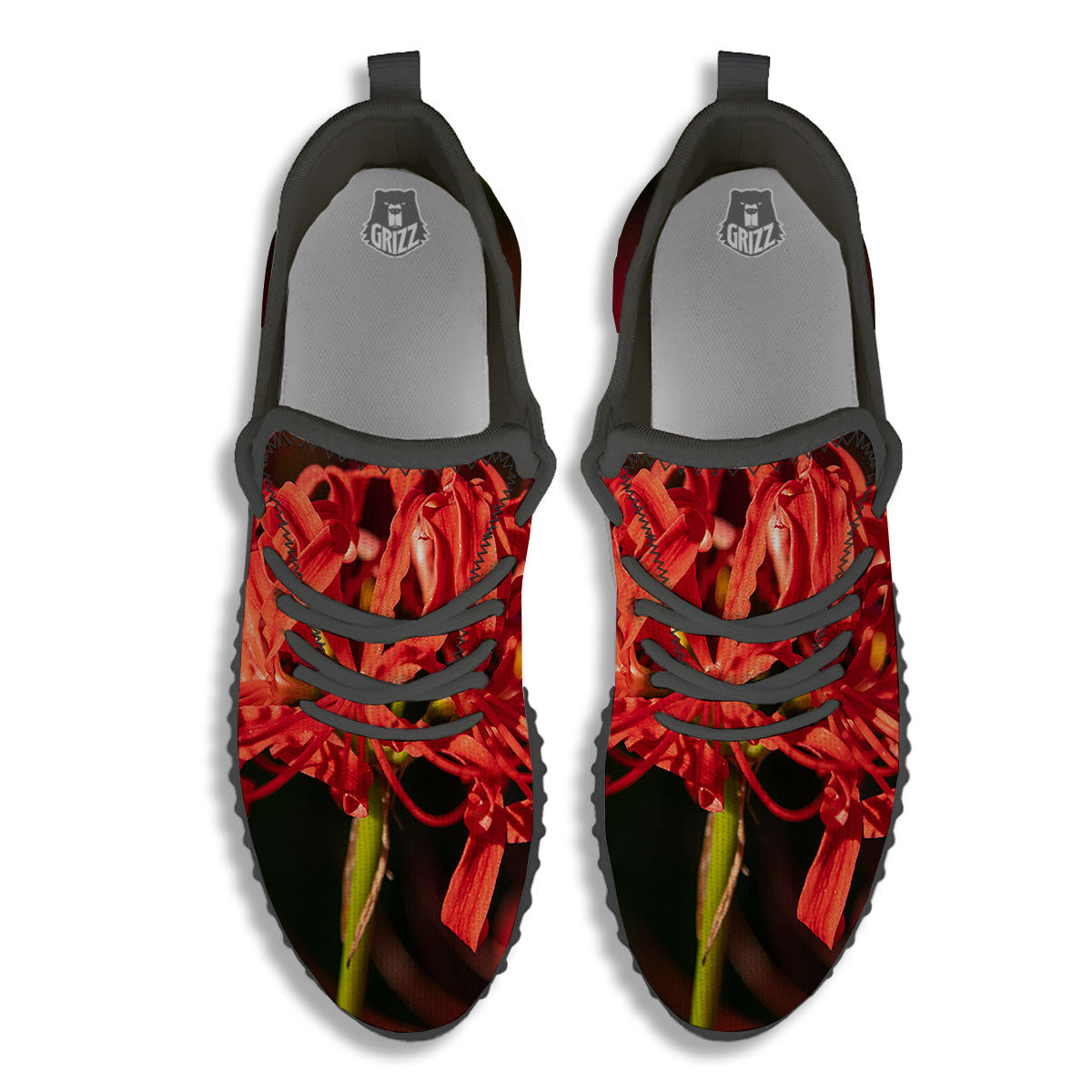 Amaryllis Red Japanese Print Black Walking Shoes-grizzshop