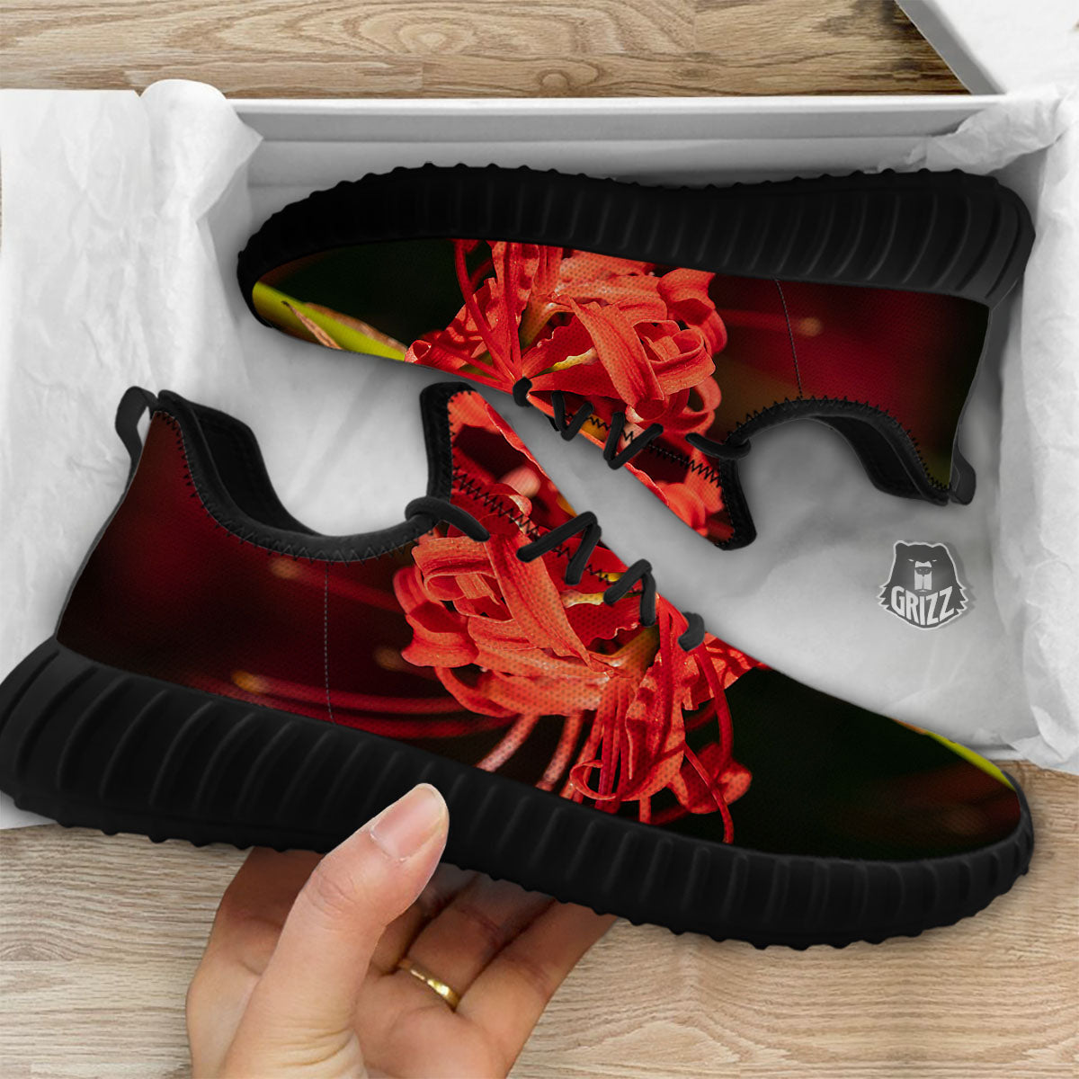 Amaryllis Red Japanese Print Black Walking Shoes-grizzshop