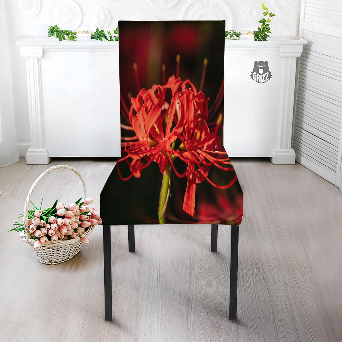 Amaryllis Red Japanese Print Dining Chair Slipcover-grizzshop