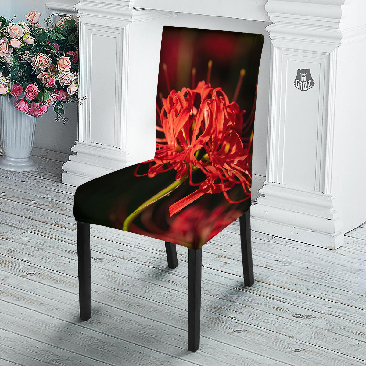 Amaryllis Red Japanese Print Dining Chair Slipcover-grizzshop