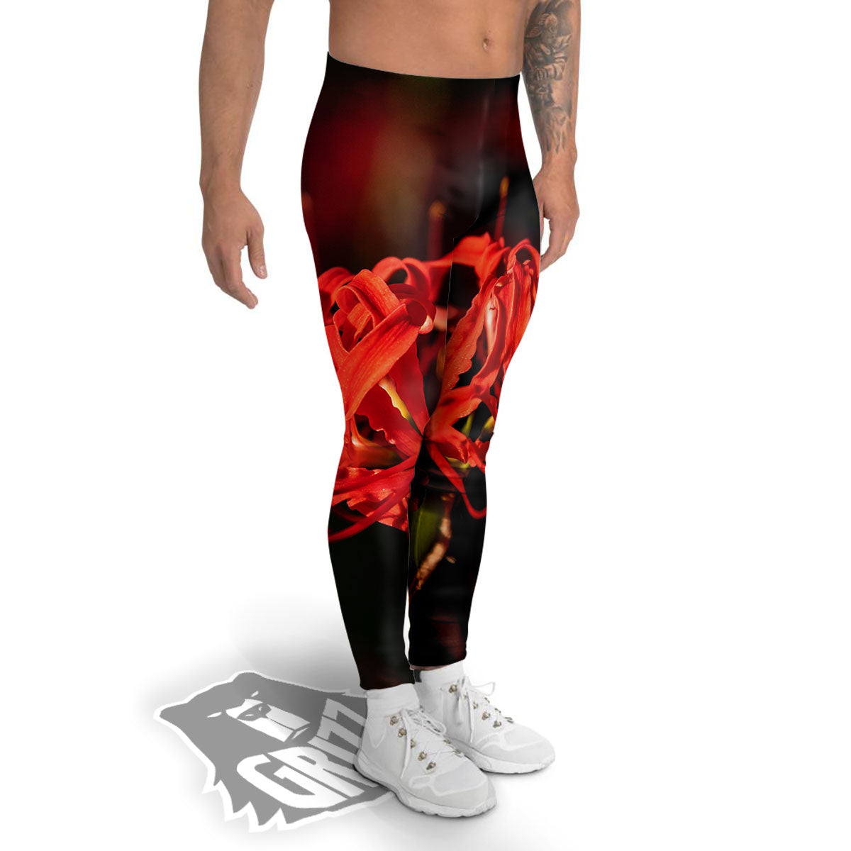 Amaryllis Red Japanese Print Men's Leggings-grizzshop
