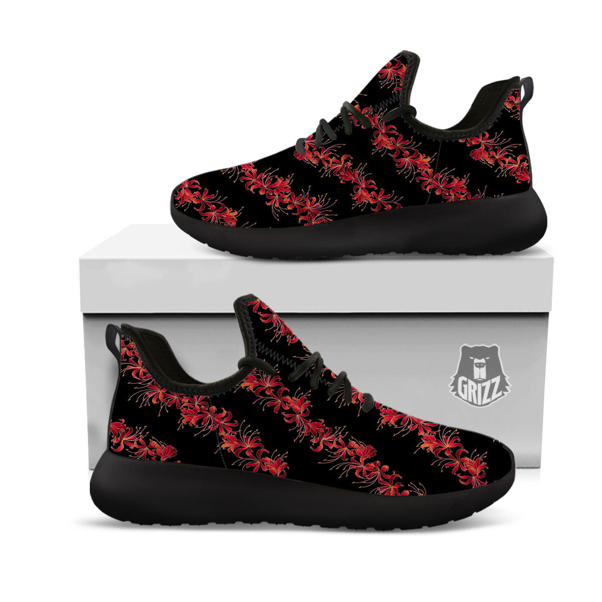 Amaryllis Red Japanese Print Pattern Black Athletic Shoes-grizzshop