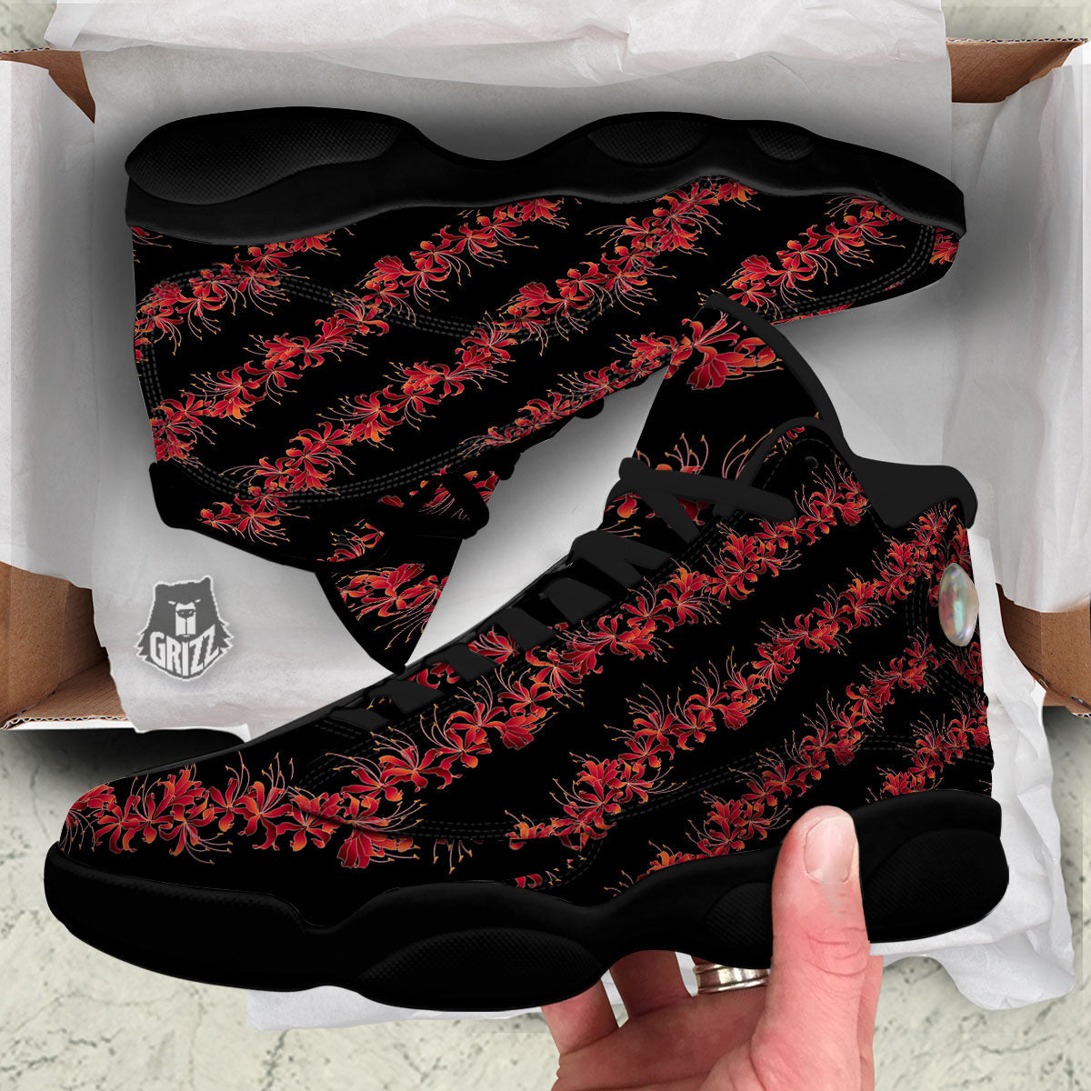 Amaryllis Red Japanese Print Pattern Black Basketball Shoes-grizzshop
