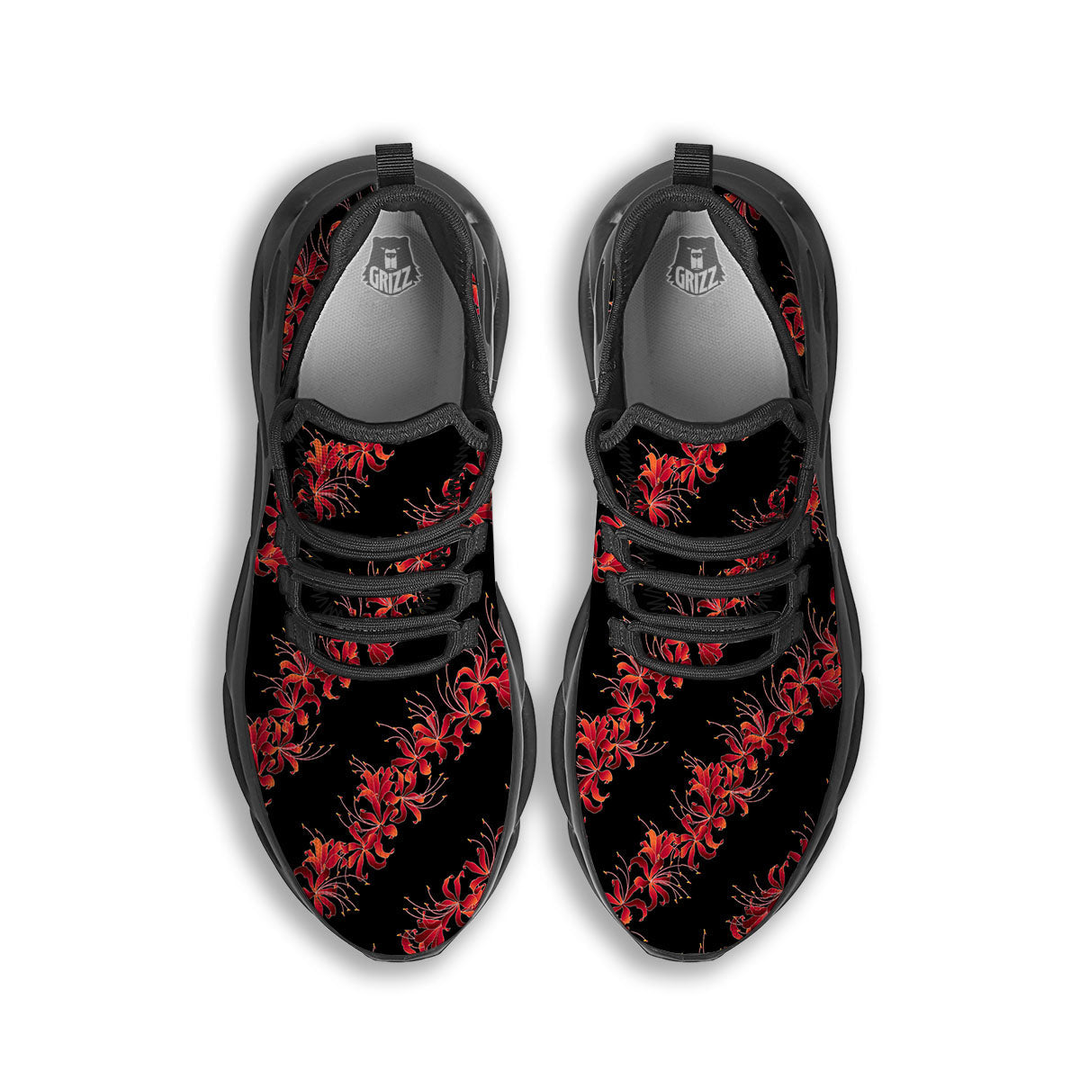 Amaryllis Red Japanese Print Pattern Black Running Shoes-grizzshop