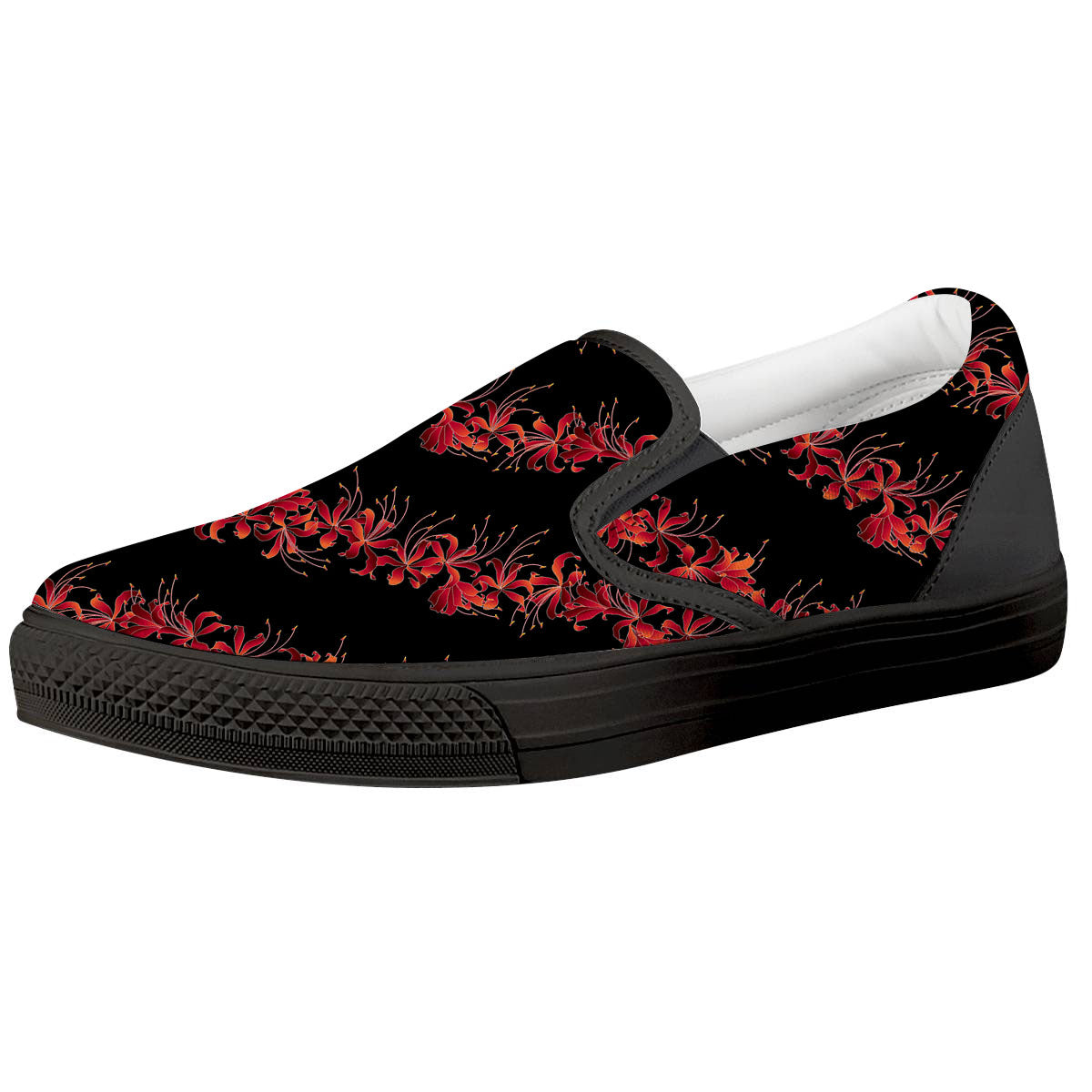 Amaryllis Red Japanese Print Pattern Black Slip On Shoes-grizzshop
