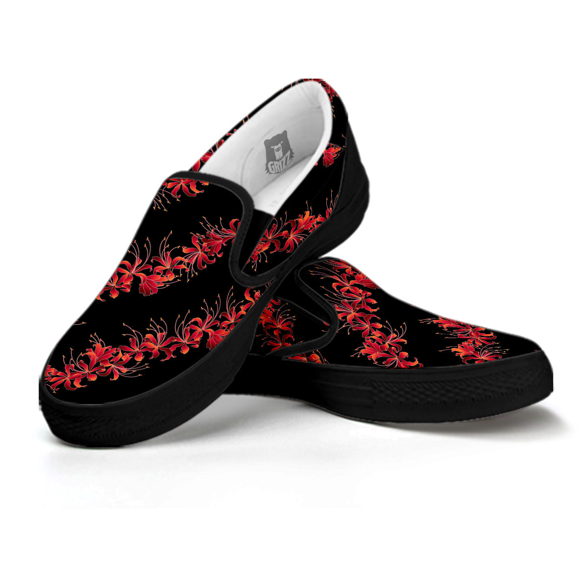 Amaryllis Red Japanese Print Pattern Black Slip On Shoes-grizzshop