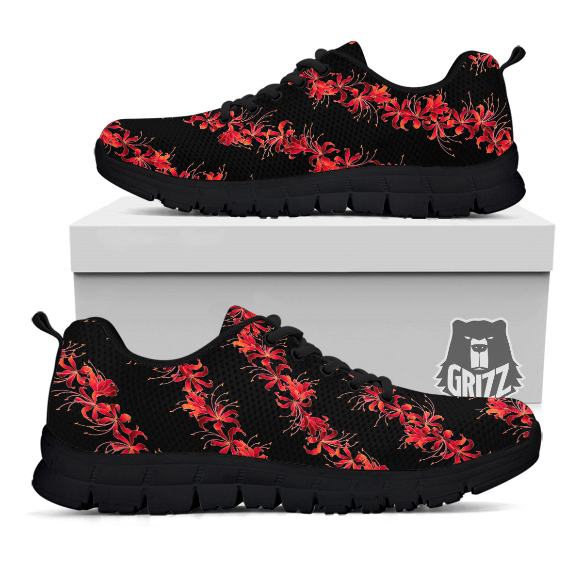 Amaryllis Red Japanese Print Pattern Black Sneaker-grizzshop