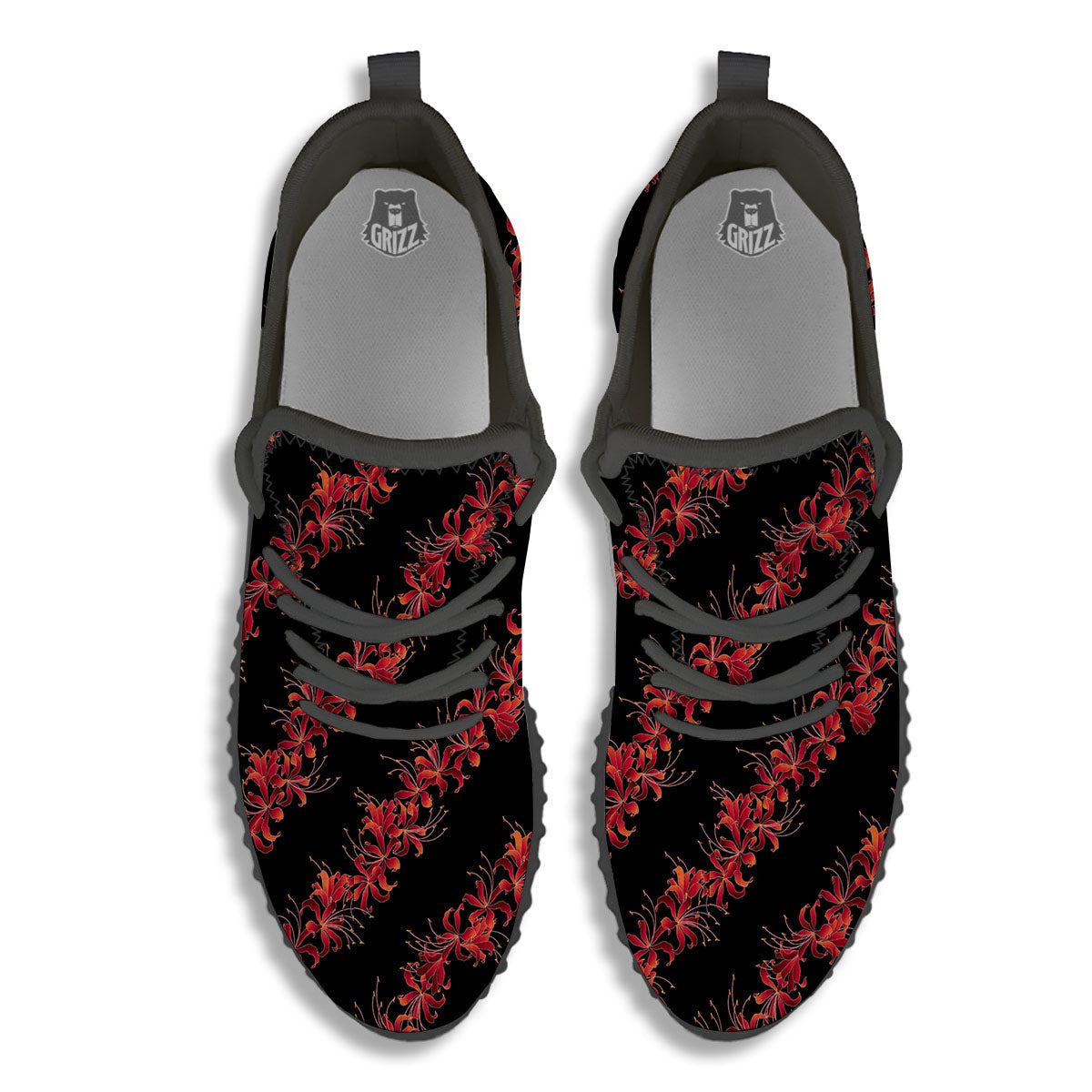 Amaryllis Red Japanese Print Pattern Black Walking Shoes-grizzshop