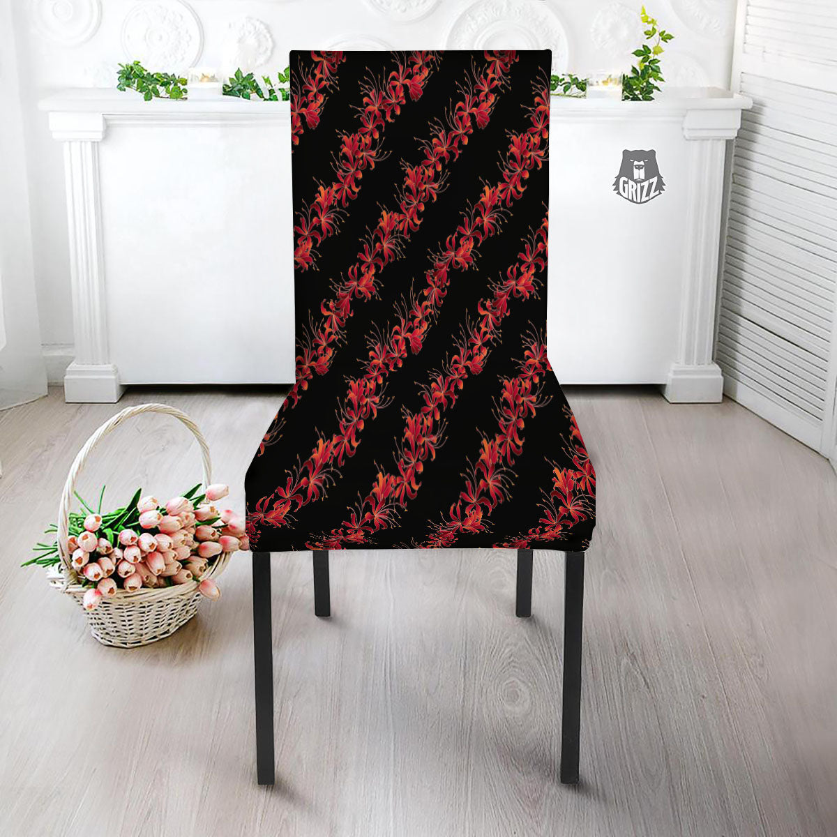 Amaryllis Red Japanese Print Pattern Dining Chair Slipcover-grizzshop