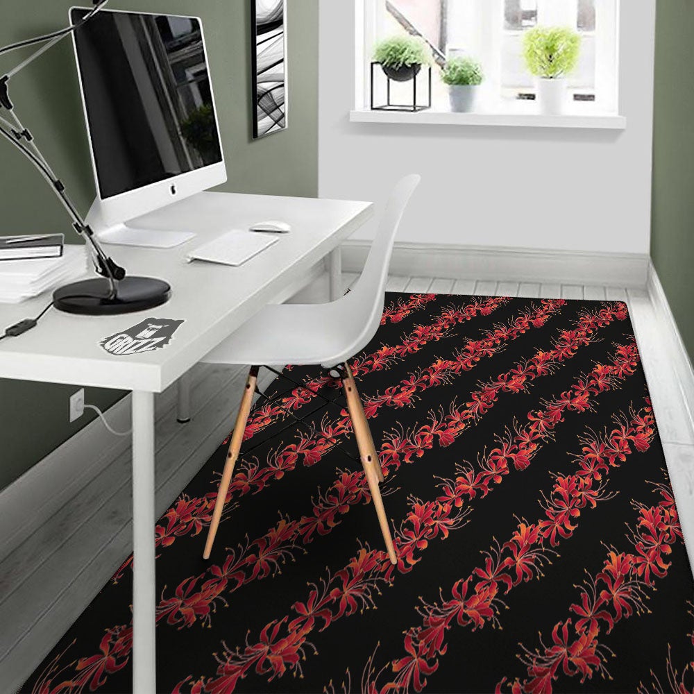 Amaryllis Red Japanese Print Pattern Floor Mat-grizzshop