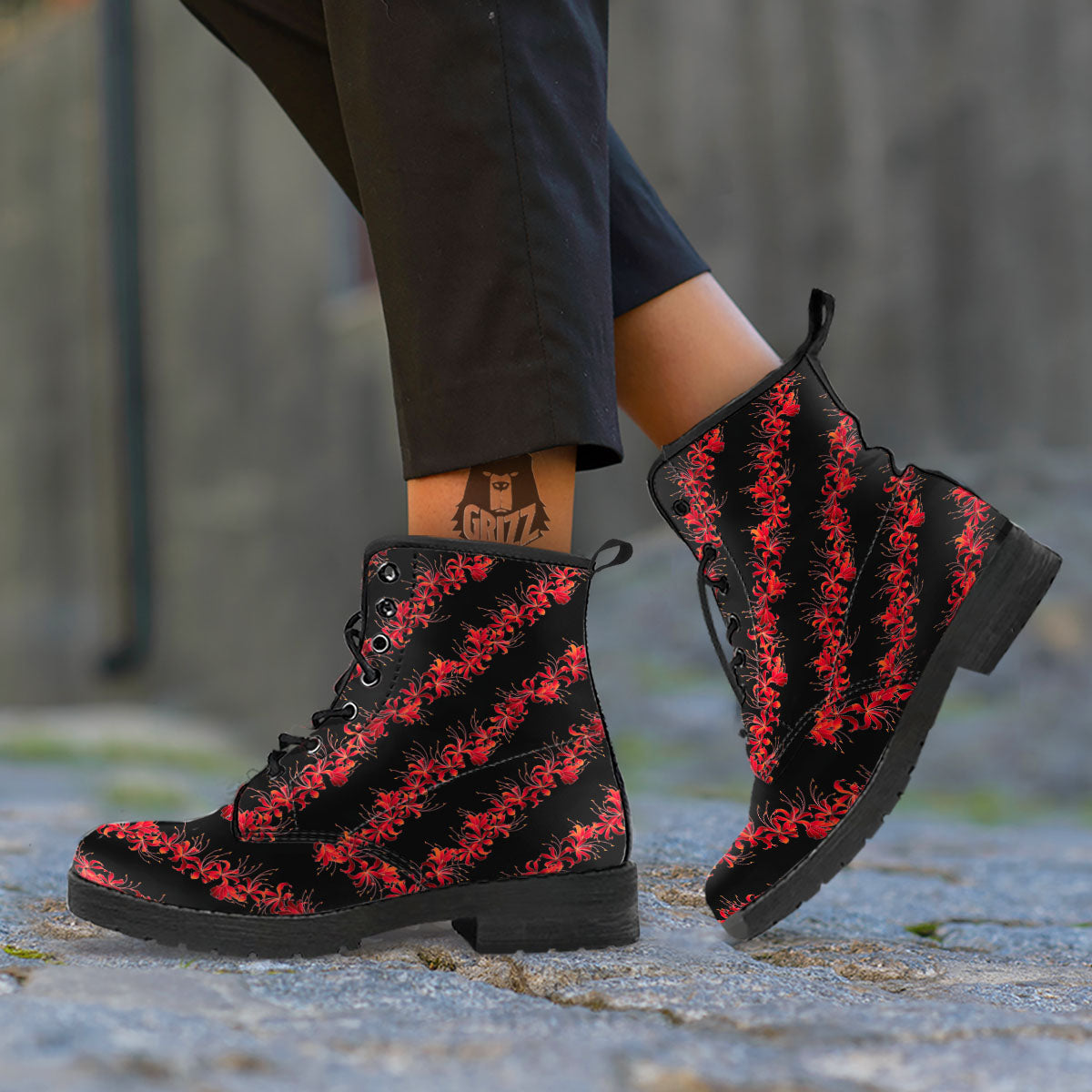 Amaryllis Red Japanese Print Pattern Leather Boots-grizzshop