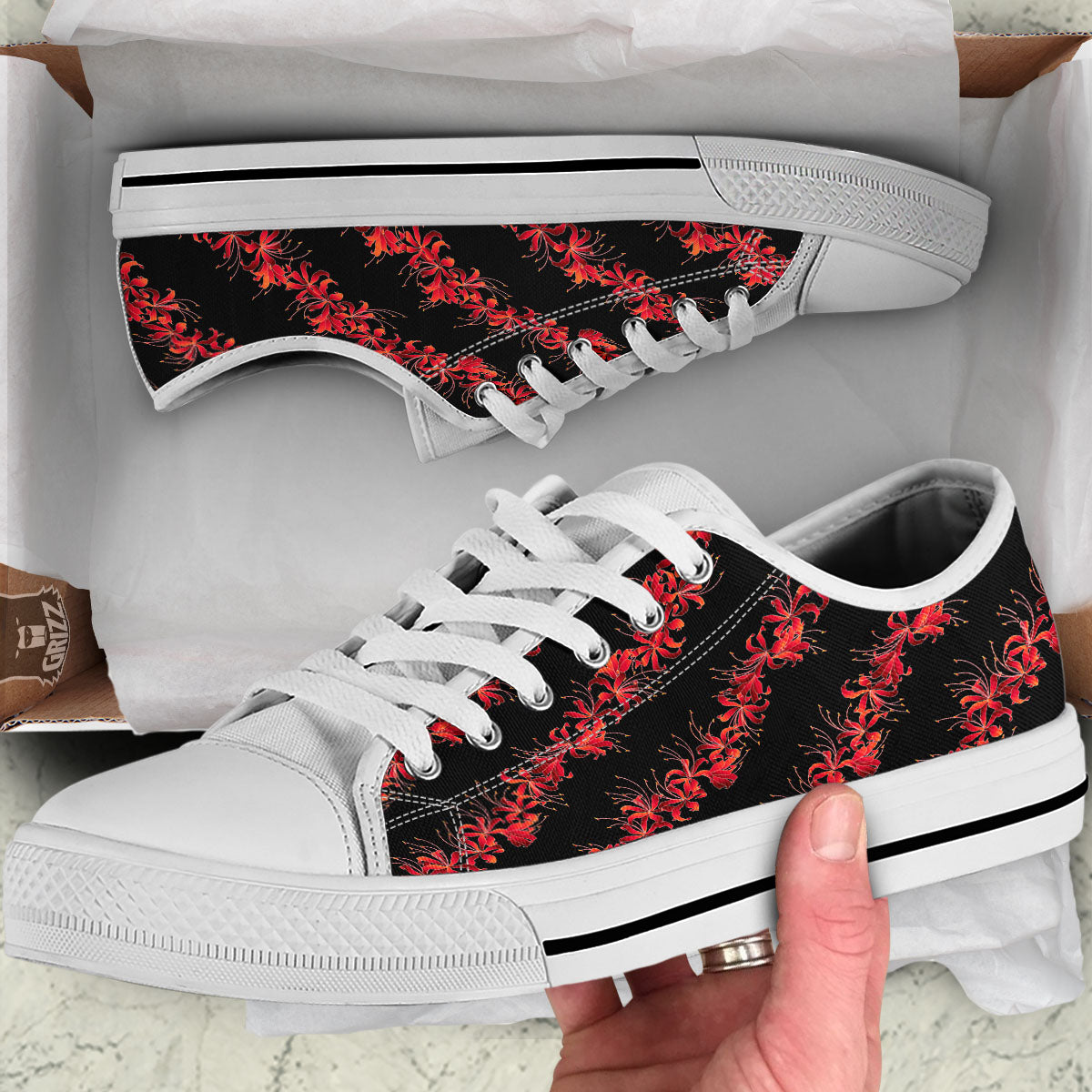 Amaryllis Red Japanese Print Pattern White Low Top Shoes-grizzshop