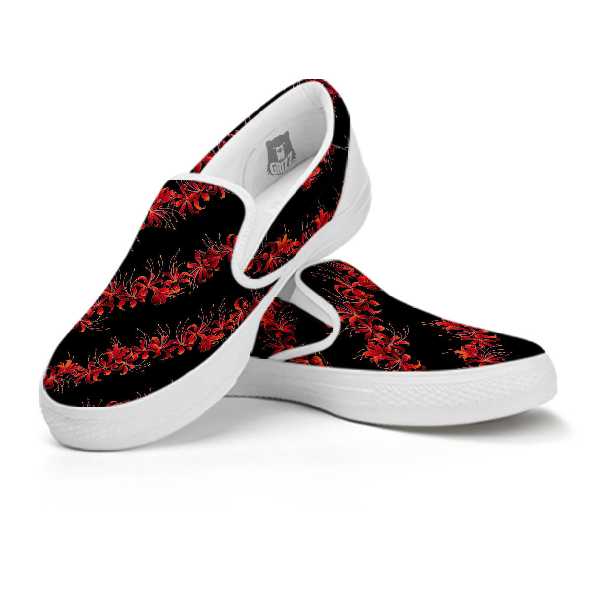 Amaryllis Red Japanese Print Pattern White Slip On Shoes-grizzshop