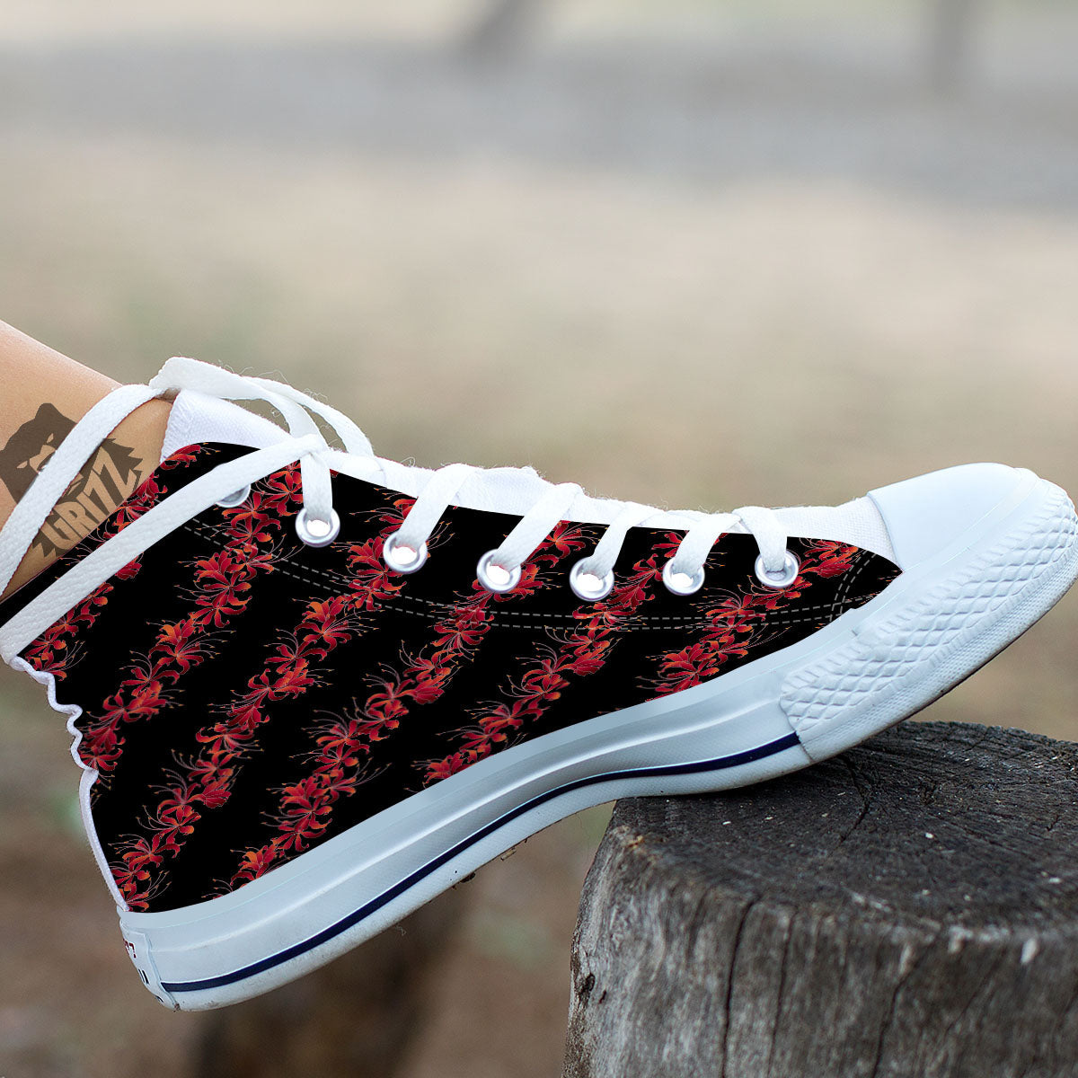 Amaryllis Red Japanese Print White High Top Shoes-grizzshop