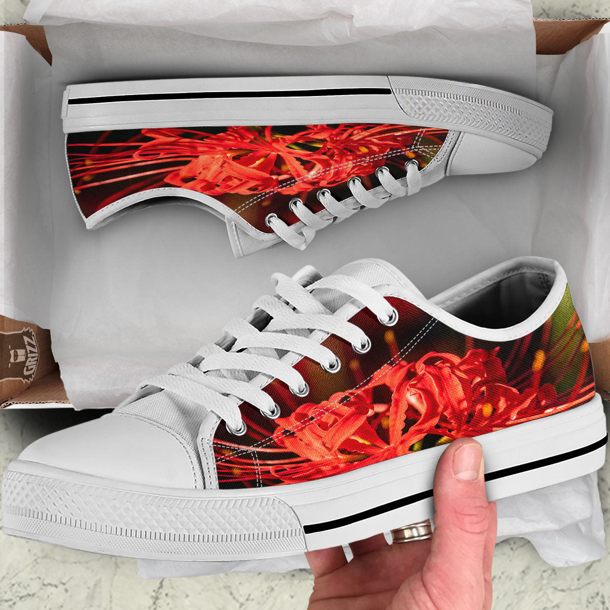 Amaryllis Red Japanese Print White Low Top Shoes-grizzshop