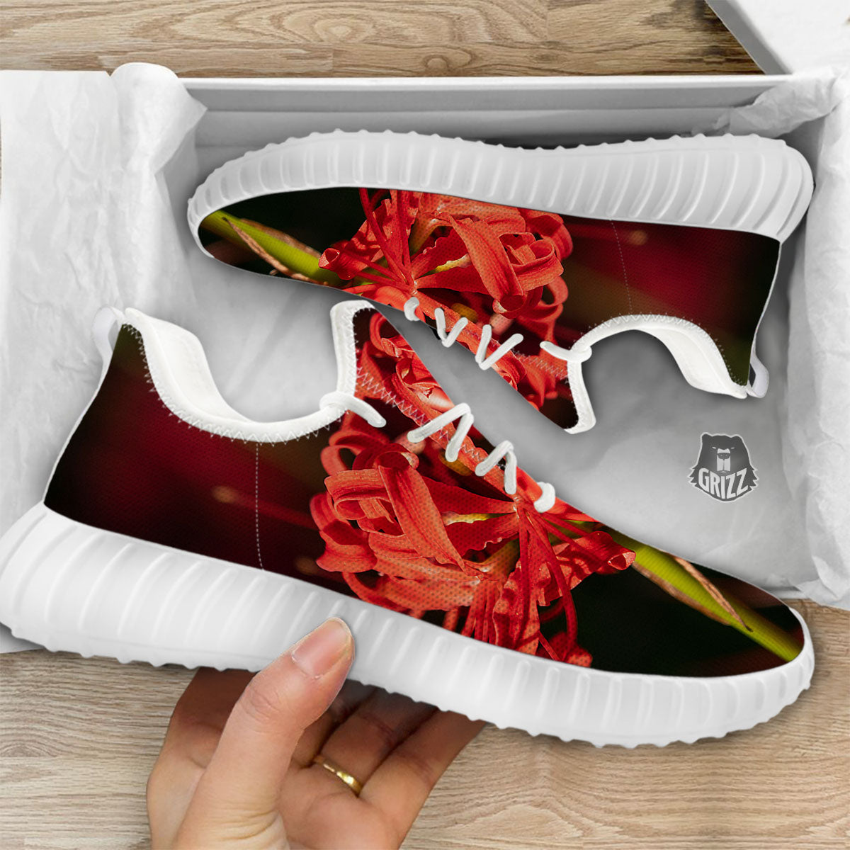 Amaryllis Red Japanese Print White Walking Shoes-grizzshop