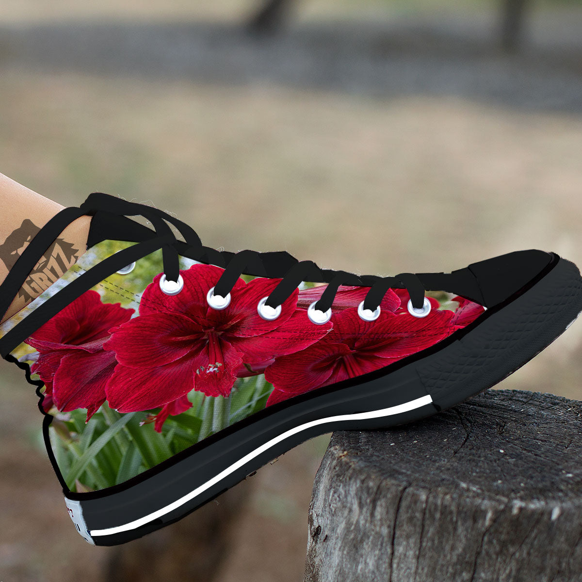 Amaryllis Red Print Black High Top Shoes-grizzshop
