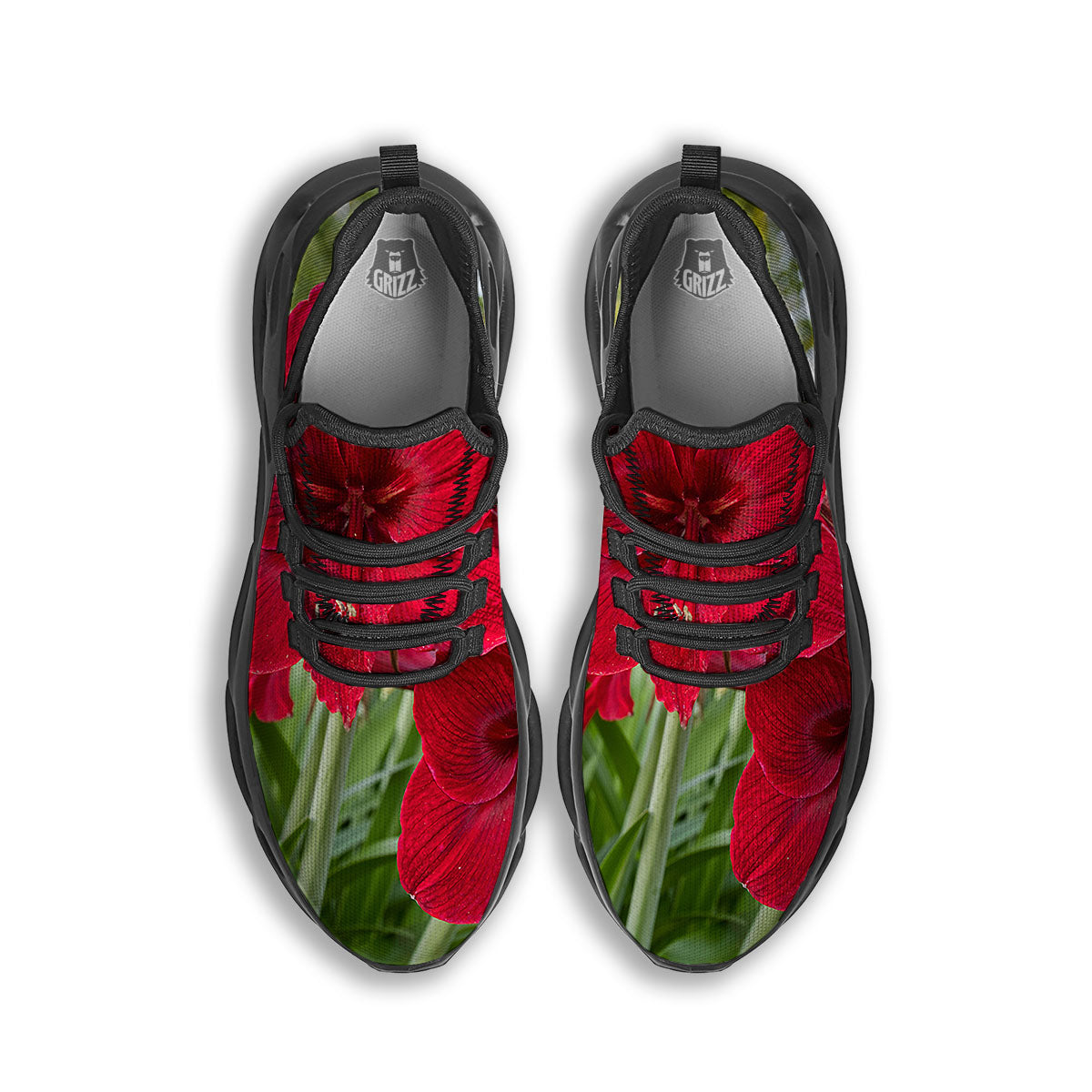 Amaryllis Red Print Black Running Shoes-grizzshop