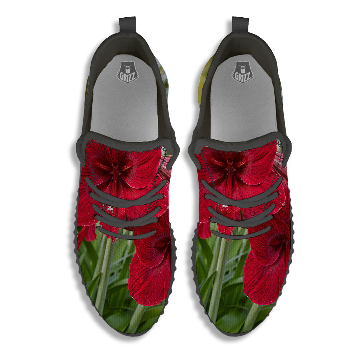 Amaryllis Red Print Black Walking Shoes-grizzshop
