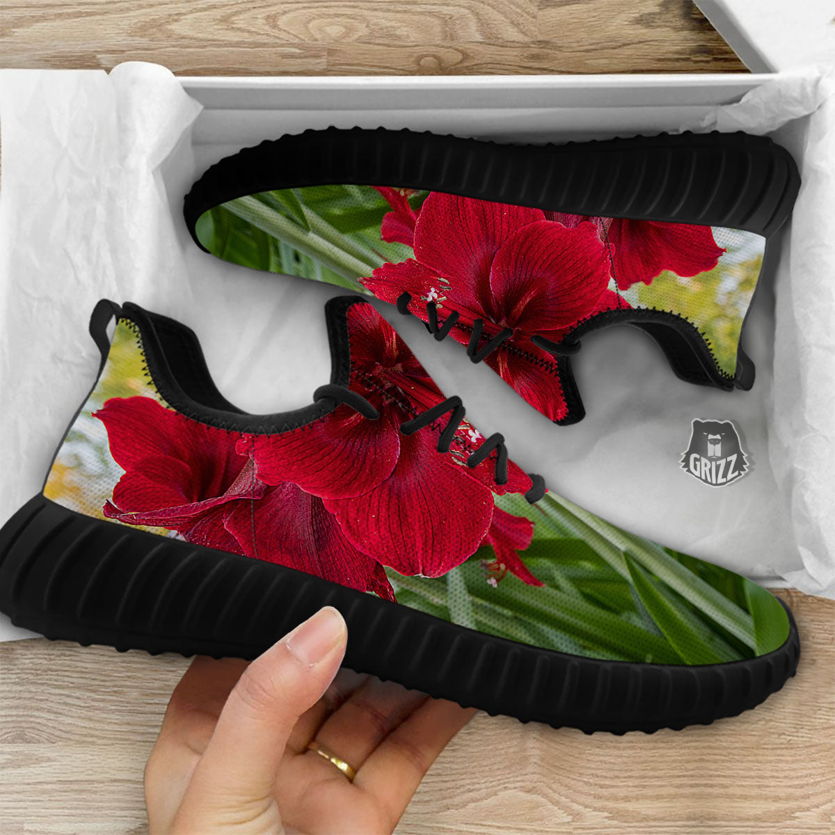 Amaryllis Red Print Black Walking Shoes-grizzshop