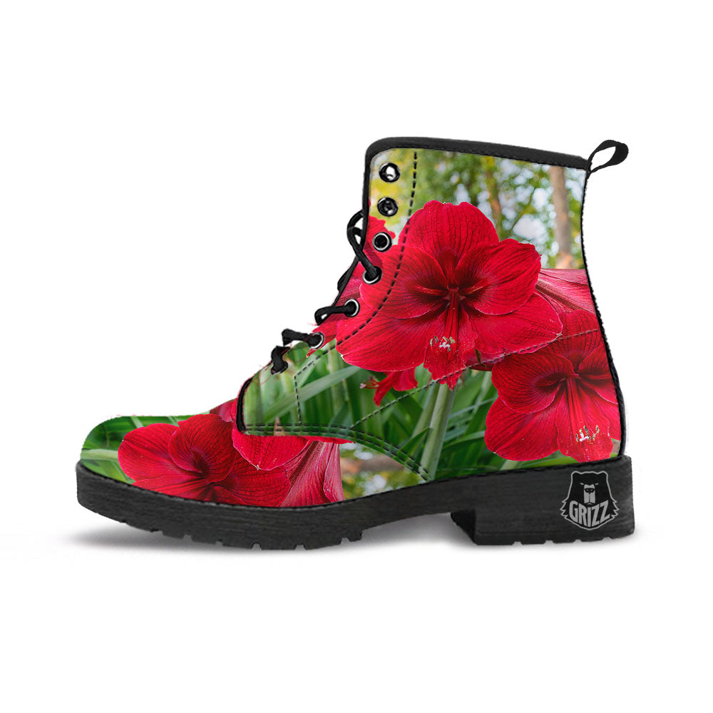 Amaryllis Red Print Leather Boots-grizzshop