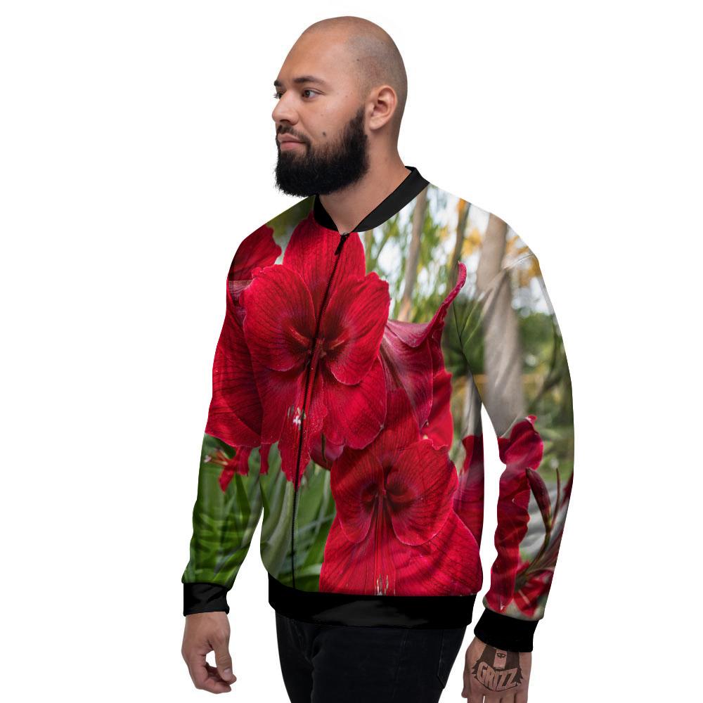 Amaryllis Red Print Men's Bomber Jacket-grizzshop