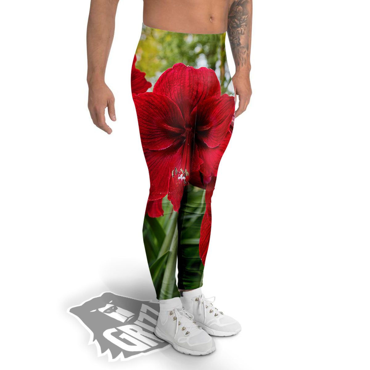Amaryllis Red Print Men's Leggings-grizzshop