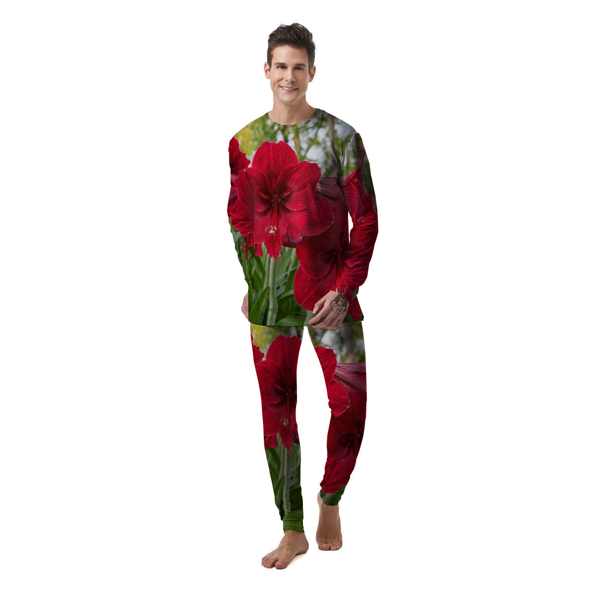 Amaryllis Red Print Men's Pajamas-grizzshop