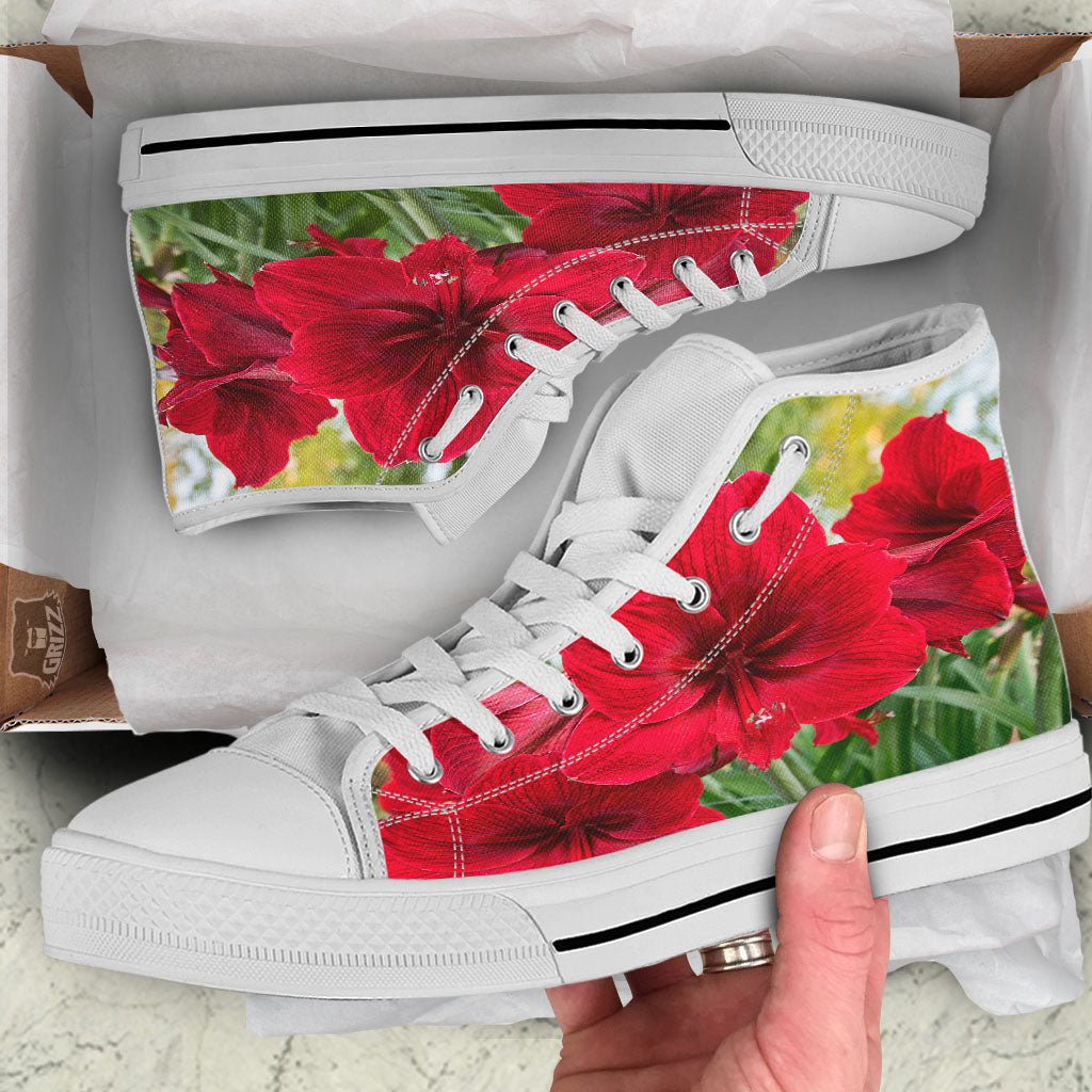 Amaryllis Red Print White High Top Shoes-grizzshop