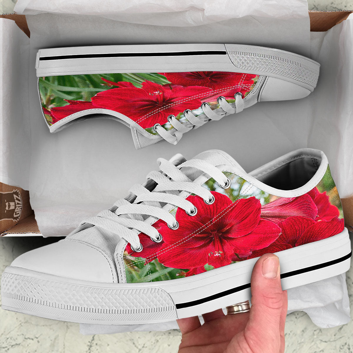 Amaryllis Red Print White Low Top Shoes-grizzshop