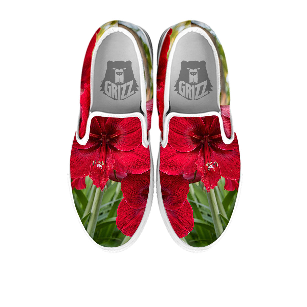 Amaryllis Red Print White Slip On Shoes-grizzshop