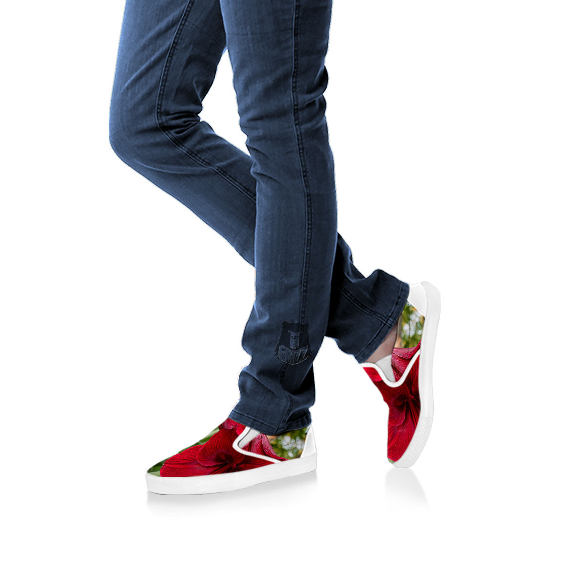 Amaryllis Red Print White Slip On Shoes-grizzshop