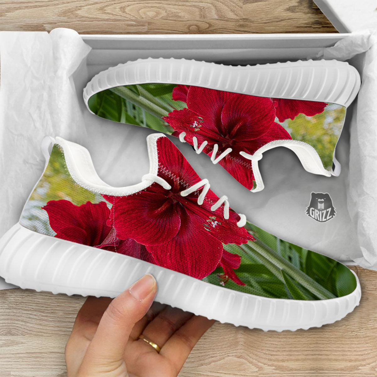 Amaryllis Red Print White Walking Shoes-grizzshop