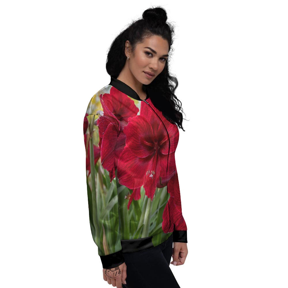 Amaryllis Red Print Women's Bomber Jacket-grizzshop