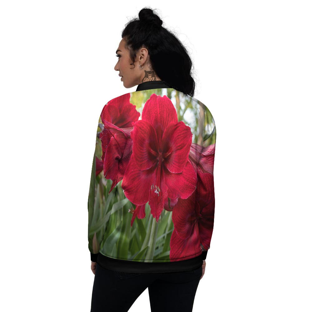 Amaryllis Red Print Women's Bomber Jacket-grizzshop