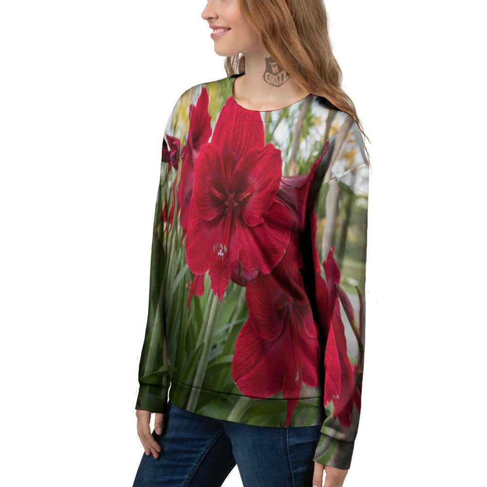 Amaryllis Red Print Women's Sweatshirt-grizzshop