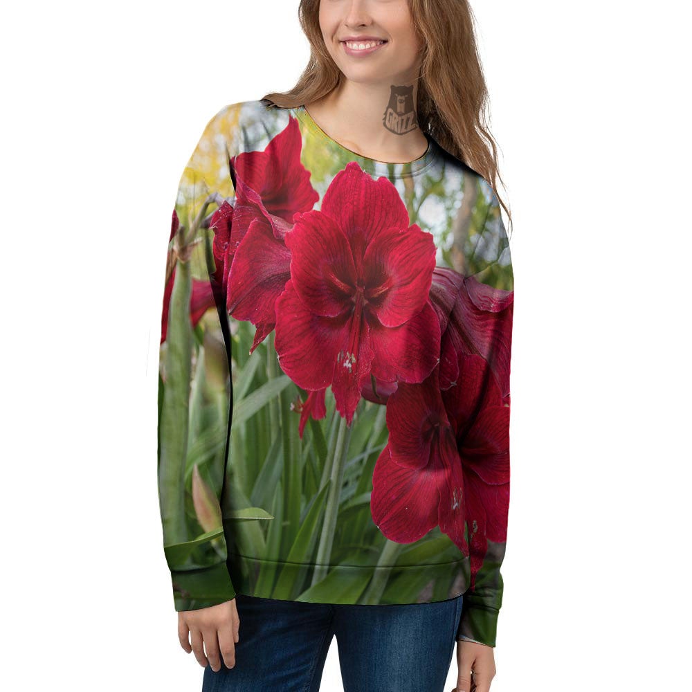 Amaryllis Red Print Women's Sweatshirt-grizzshop