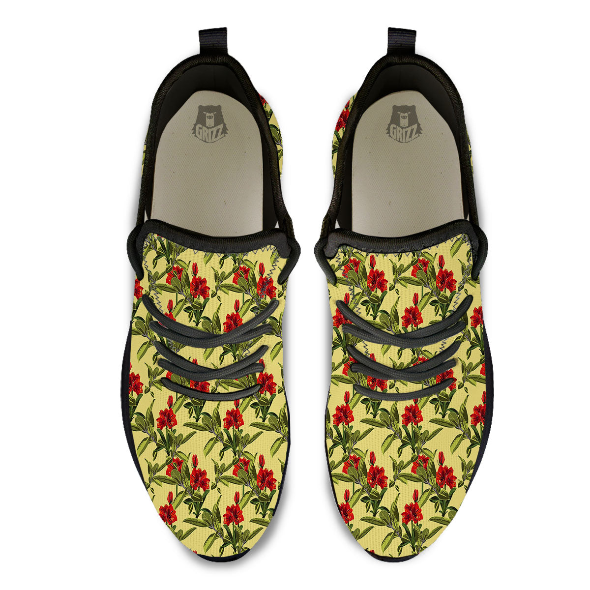 Amaryllis Red Yellow Print Pattern Black Athletic Shoes-grizzshop