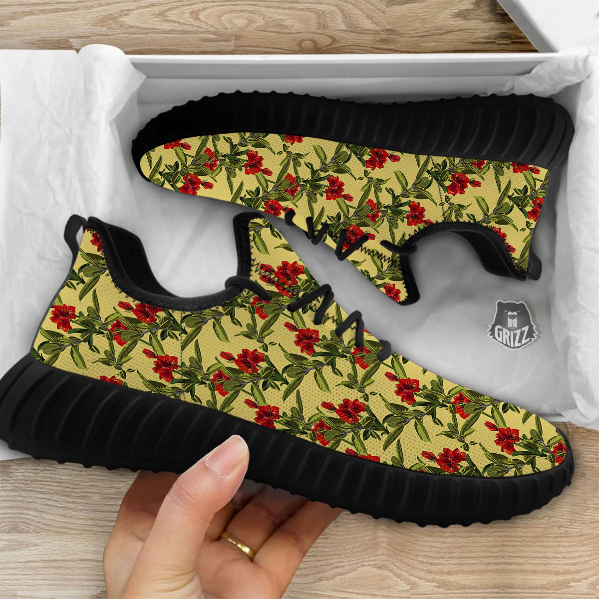 Amaryllis Red Yellow Print Pattern Black Walking Shoes-grizzshop