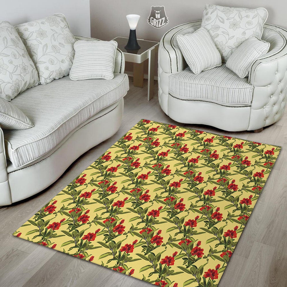 Amaryllis Red Yellow Print Pattern Floor Mat-grizzshop
