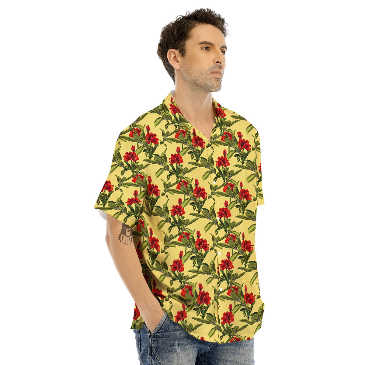 Amaryllis Red Yellow Print Pattern Men's Hawaiian Shirt-grizzshop