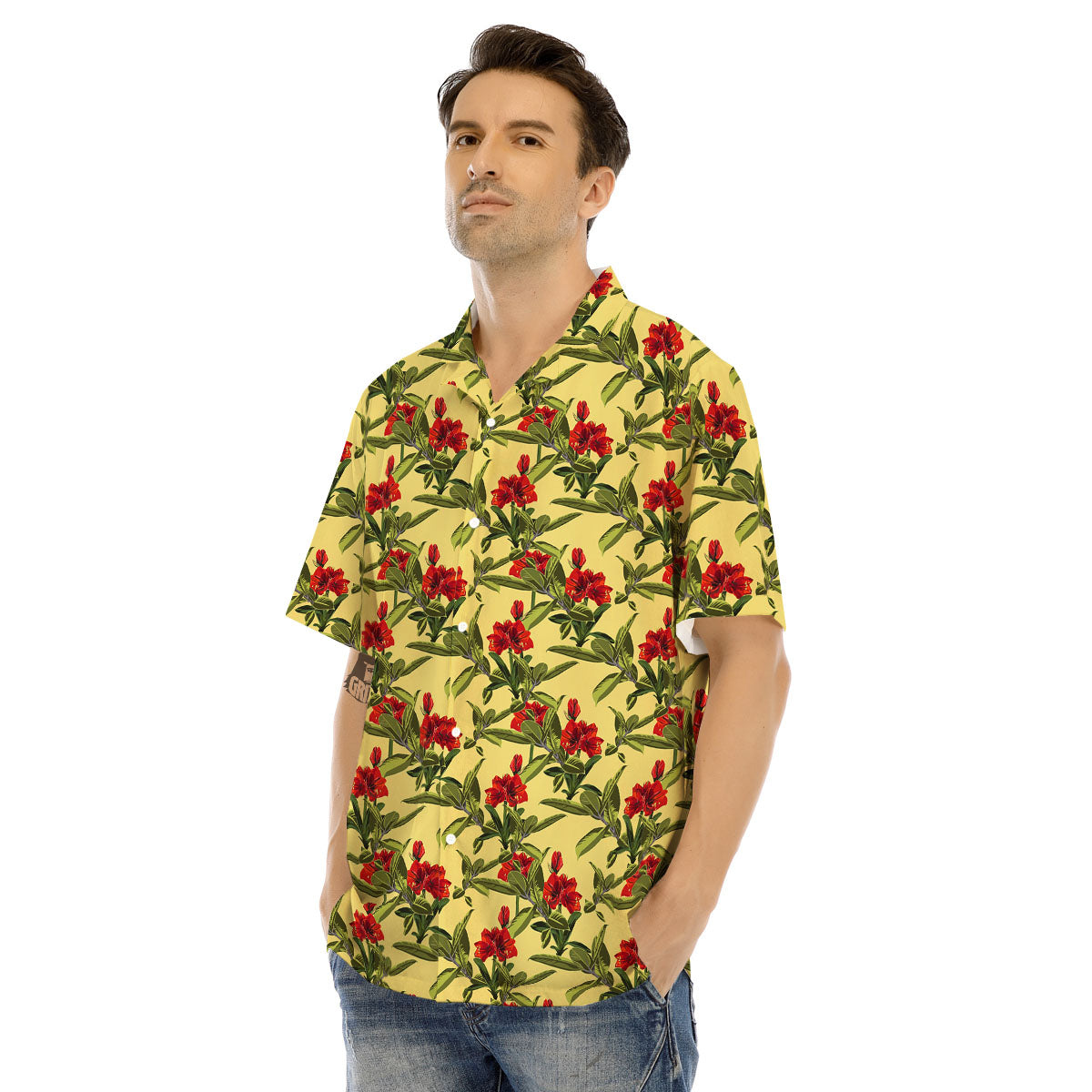 Amaryllis Red Yellow Print Pattern Men's Hawaiian Shirt-grizzshop