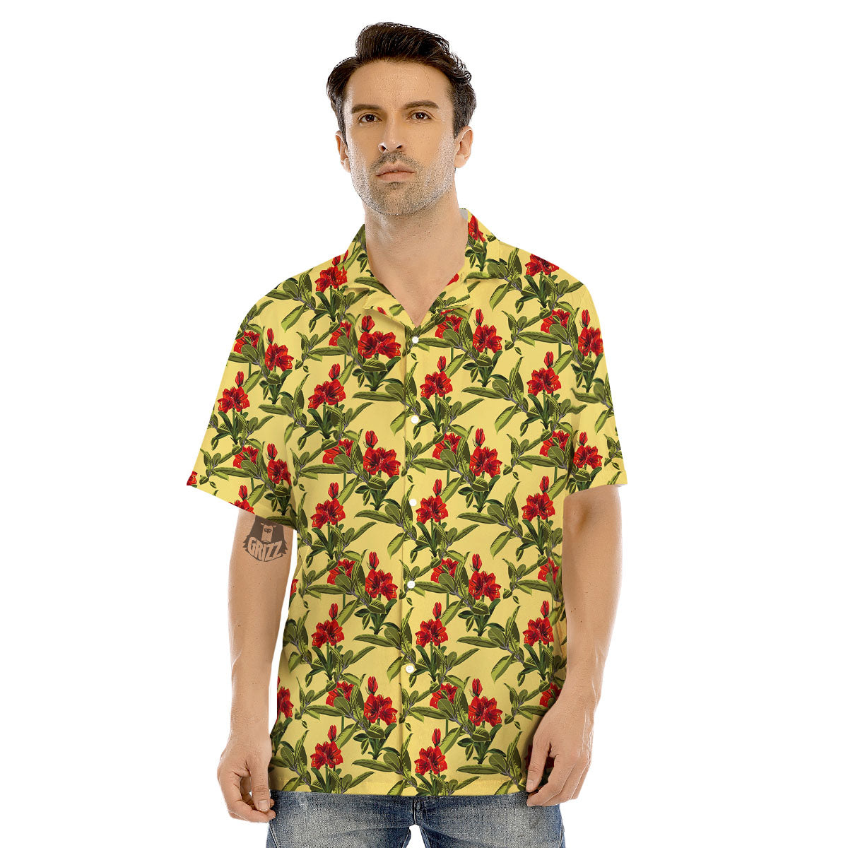 Amaryllis Red Yellow Print Pattern Men's Hawaiian Shirt-grizzshop