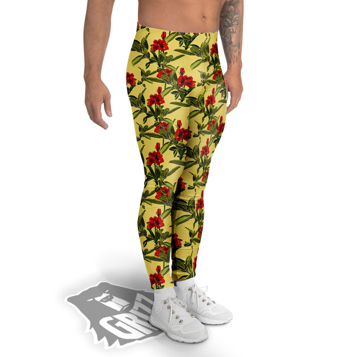 Amaryllis Red Yellow Print Pattern Men's Leggings-grizzshop
