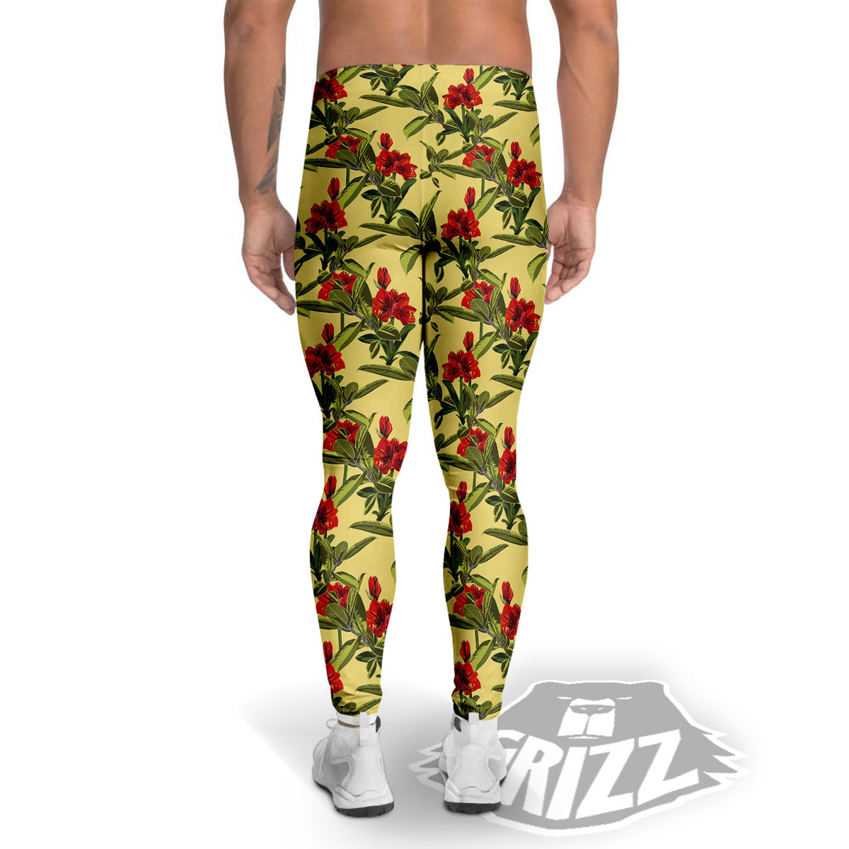 Amaryllis Red Yellow Print Pattern Men's Leggings-grizzshop