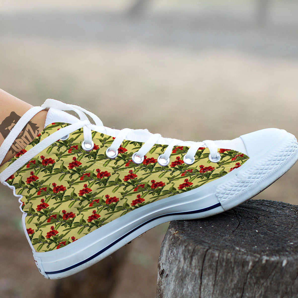 Amaryllis Red Yellow Print Pattern White High Top Shoes-grizzshop