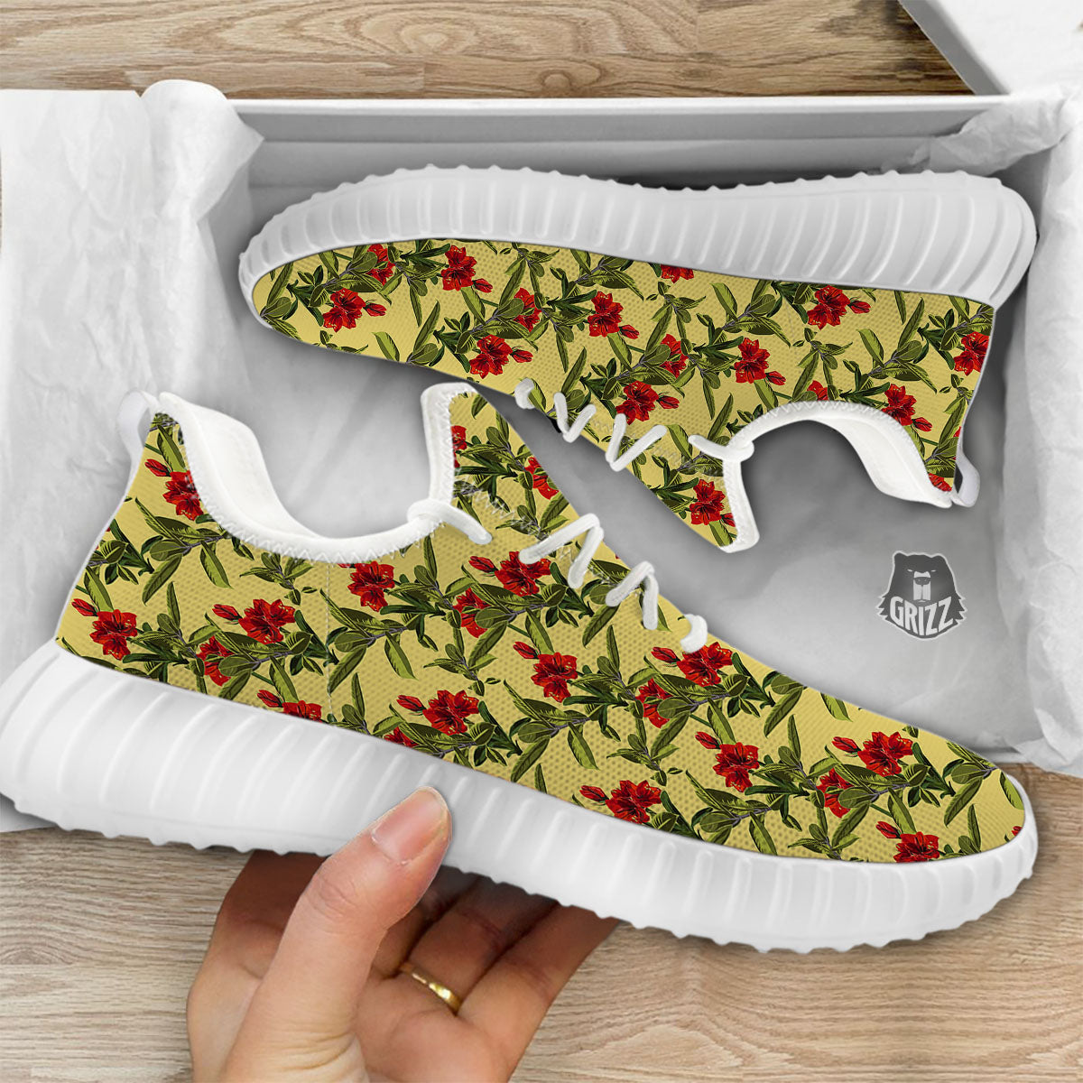 Amaryllis Red Yellow Print Pattern White Walking Shoes-grizzshop