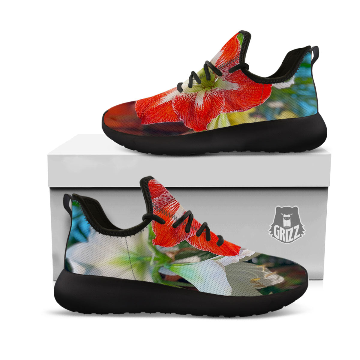 Amaryllis White And Red Print Black Athletic Shoes-grizzshop
